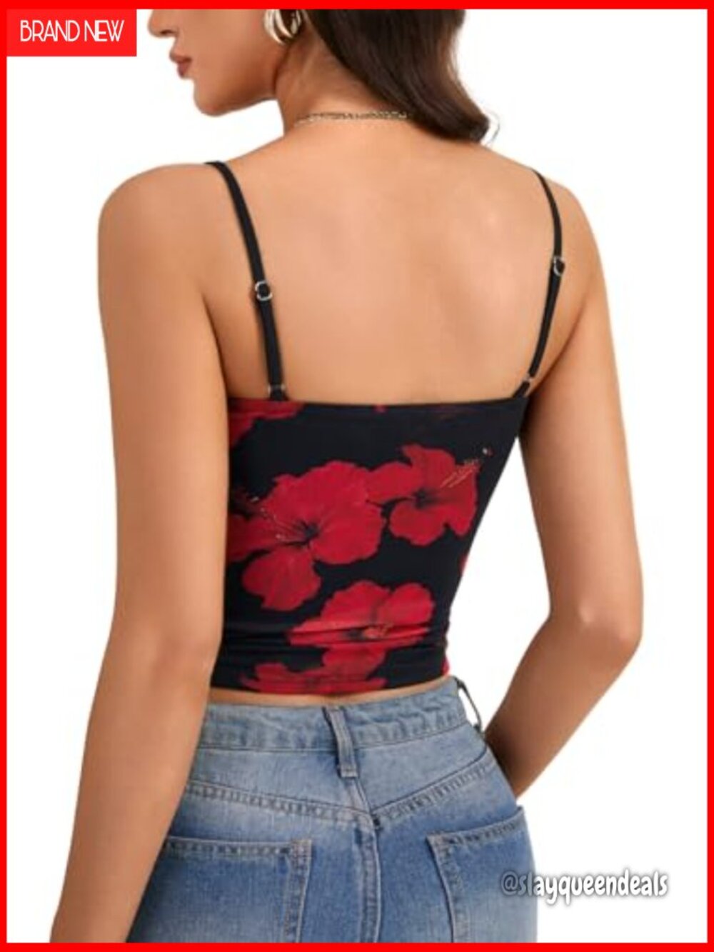 Floral Mesh Sleeveless Spaghetti Strap Y2K Going Out Crop Top Cami - Picture 5 of 6